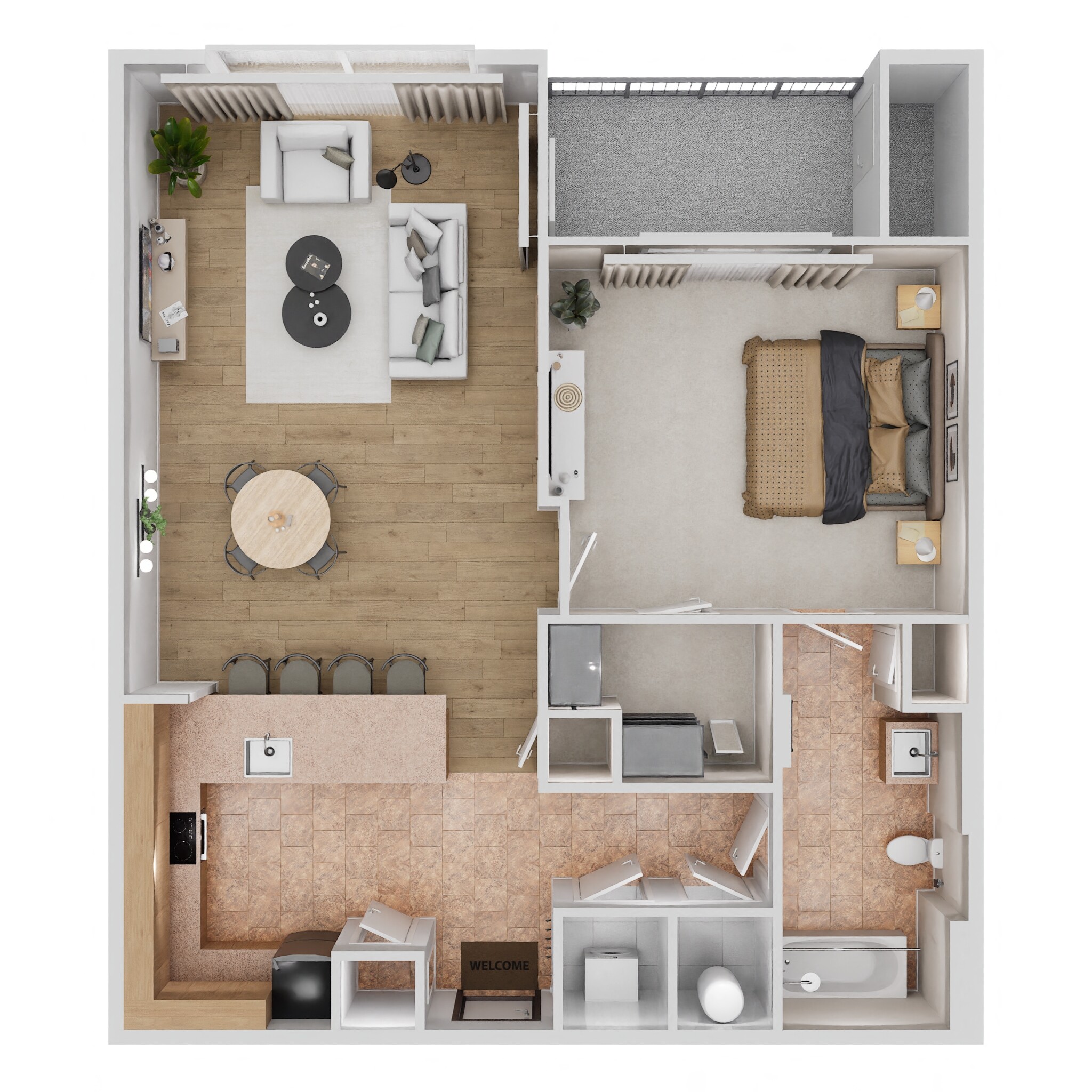 Floor plan for 1 bed, 1 bath, 746 sqft